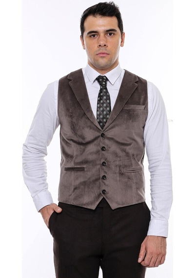 Wessi Kahverengi Ceket Yaka Slimfit Tek Yelek 001