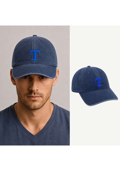 Tesbihane Unisex Vintage Beyzbol Şapkası - İsme Özel Harf Nakışlı - Eskitme Kumaş - Metal Tokalı Lacivert
