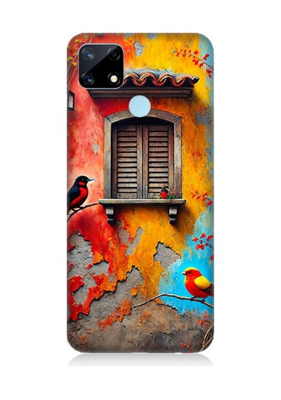 Realme C25 Uyumlu Pencerede Renkli Kuşlar Desenli Silikon Kılıf Çok Renkli