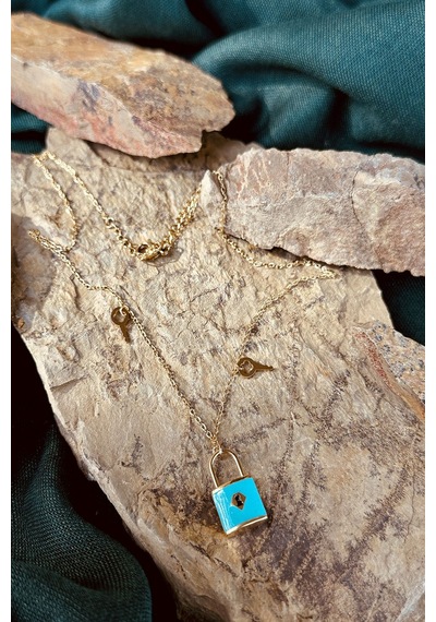 Kilit Anahtar Tasarım Mineli Turkuaz Renk İşlemeli Şık Kadın Paslanmaz Çelik Gold Altın
