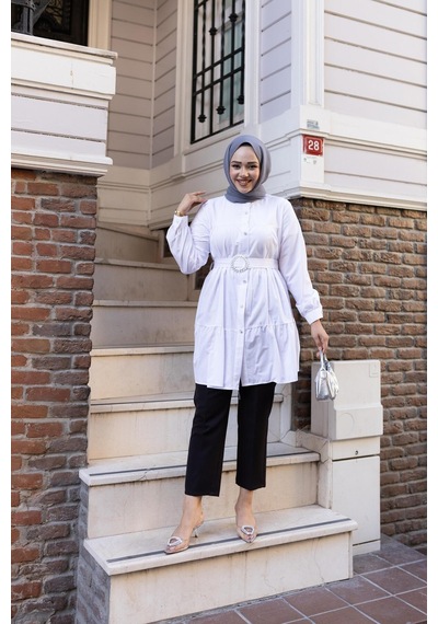 Hb Harma Time Butik Kadın Düğmeli Kemer Detaylı Beyaz Gömlek Beyaz Beyaz