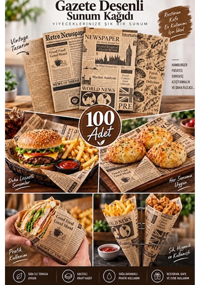 100 Adet Kendinden Desenli Yağlı Kağıt 100 Adet Vintage Gazete Desen Sunum Kağıdı Kahverengi