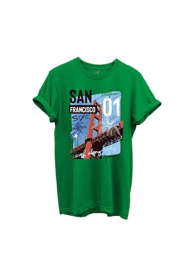 San Francisco California Yazılı Golden Gate Köprüsü Baskılı %100 Pamuk Regular Fit Unisex T-shirt Yeşil