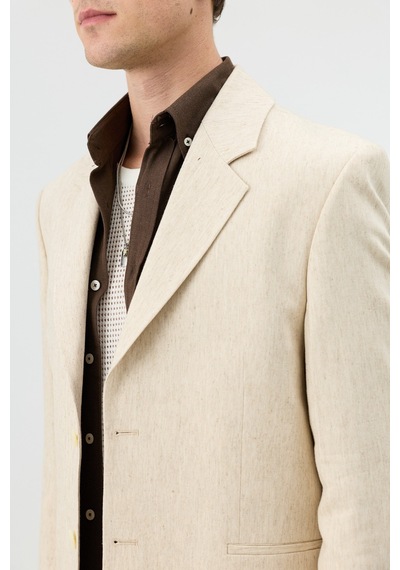 Antioch Keten Karışımlı Balıksırtı Desenli Erkek Blazer Ceket Natur