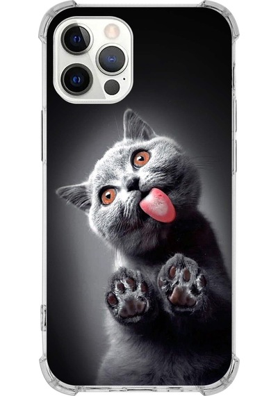 Apple Uyumlu iPhone 12 Pro Kedi 2 Baskılı Şeffaf Köşe Korumalı Antişok Kılıf