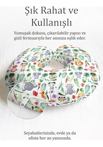 Sevimli Hayvanlar Temalı Pamuklu Boyun Yastığı - Tropikal Yeşil Renkli Seyahat Yastığı Metalik Gece Altın Sarısı