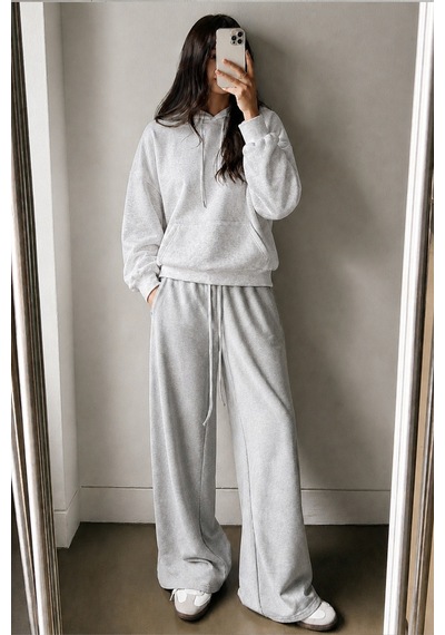 Cool Tarz Kadın Oversize Hoodie Sweatshirt Kapüşonlu Kanguru Cepli Gri Gri