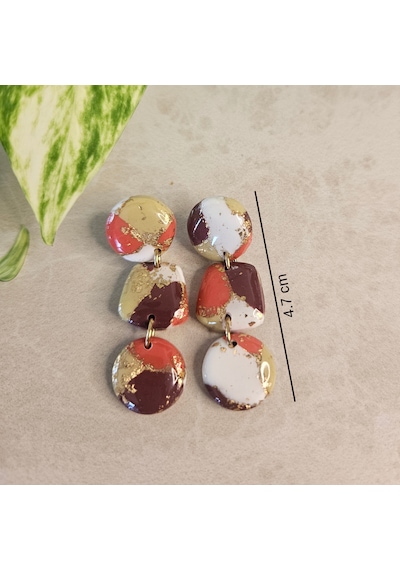 El Yapımı Polimer Kil Küpe - 14k Altın Kaplama Çelik Detaylı & Altın Varaklı 3'lü Katmanlı Sallantılı Küpe Aura Cascade Rose Gold