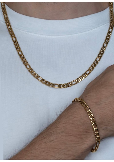 Saat Farkı Gold Figaro Model Çelik Unisex Kolye Ve Bileklik Set 2,5mm Gold