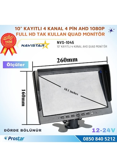 Kayıtlı 10 İnç 4 Kanal Full Hd Tak Kullan Quad Ahd Analog Uyumlu Araç Monitörü 12-24v