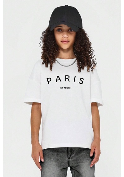 Uyguntarz Çocuk Paris Baskılı Pamuklu Tshirt Beyaz