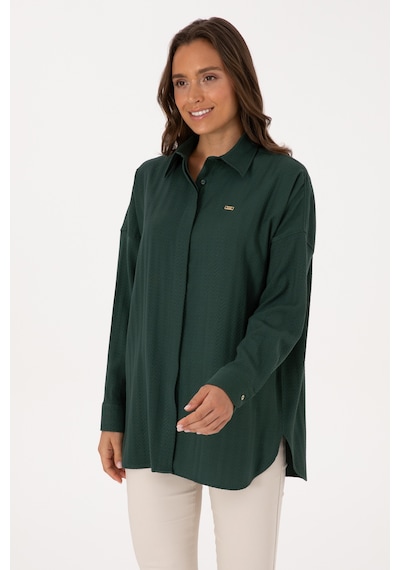 U.S. Polo Assn. Kadın Koyu Yeşil Uzun Kollu Oversize Desenli Gömlek 50316422-VR079