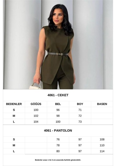 Neşeli Butik Kadın Haki Kemer Detaylı Yelek Pantolon İkili Takım Nbstr4061