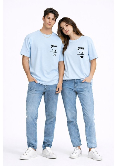 Sevgili Kombini You I Yazılı Çift Tişört Oversize Unisex Partner Kombin Seti Mavi