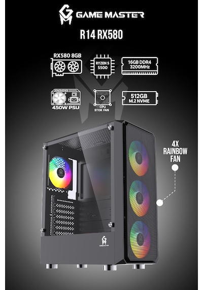 Game Master R14 R5-5500 16 GB 512 GB M2 SSD 8 GB RX580 Free Dos Masaüstü Oyuncu Bilgisayarı