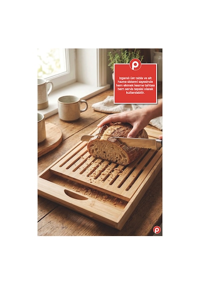 Bambu Kırıntı Hazneli Ekmek Kesim Panosu - Ahşap Izgaralı Ekmek Kesme Tahtası Açık Kahverengi