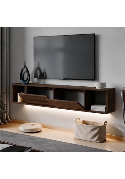 İnarch Dizayn Twist Led Işıklı Duvara Monte Tv Sehpası - 2 Kapaklı Ceviz