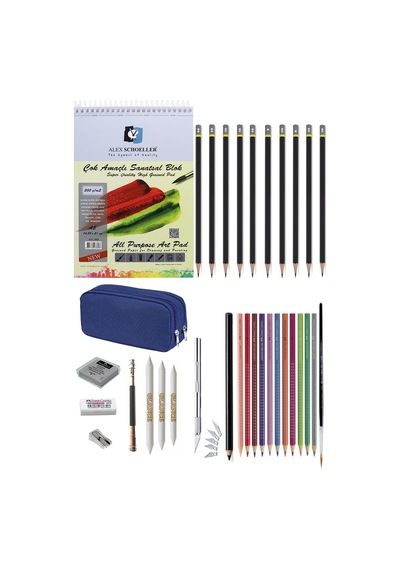 Alex Schoeller 200 Gr A5 Eskiz Defterli Karakalem Faber Watercolor Kuruboya Kalemi Çizim Eskiz Seti