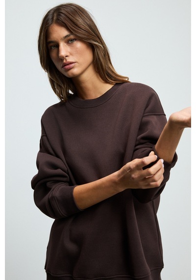 Grımelange KARIUS Kadın Organik Pamuklu İçi Polarlı Oversize Yuvarlak Yakalı Koyu Kahverengi Sweatshirt
