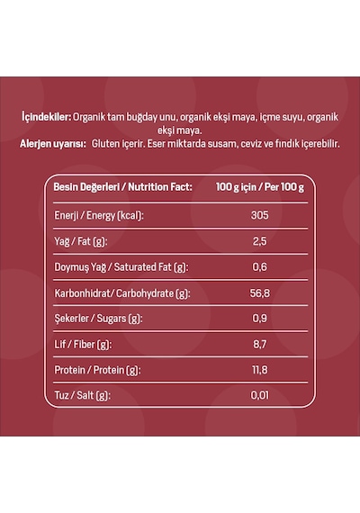 Baca Organik Organik Tam Buğday Ekmeği 700 G