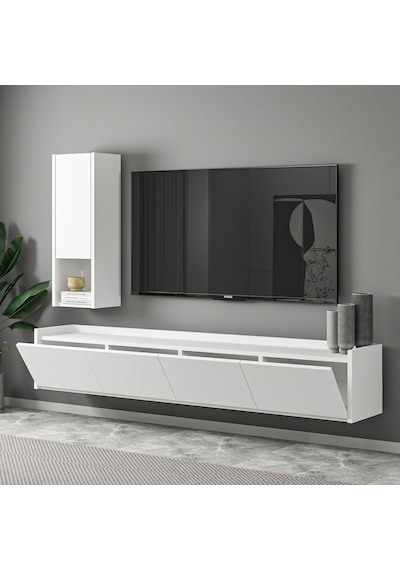 T007 Duvara Monte, Raflı Tv Ünitesi, Tv Sehpası - Beyaz Beyaz