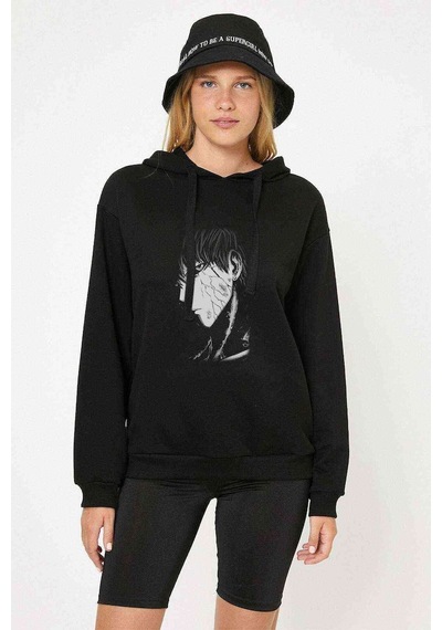 Anime One Punch Man Baskılı Siyah Kadın Kapşonlu Sweashirt (534704745)