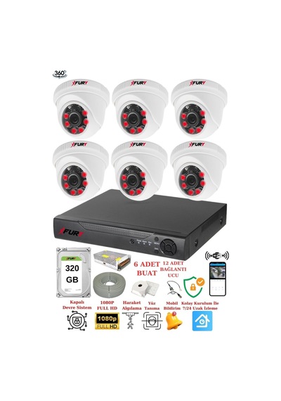 Fury 6 Kameralı 5mp 3.6mm Lens 2mp Görüntü 6 Atom Led Gece Görüşlü Fullhd Güvenlik Kamerası 1412a 320gb