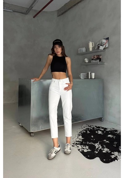 Premium Beyaz Renk Mom Jeans Beyaz