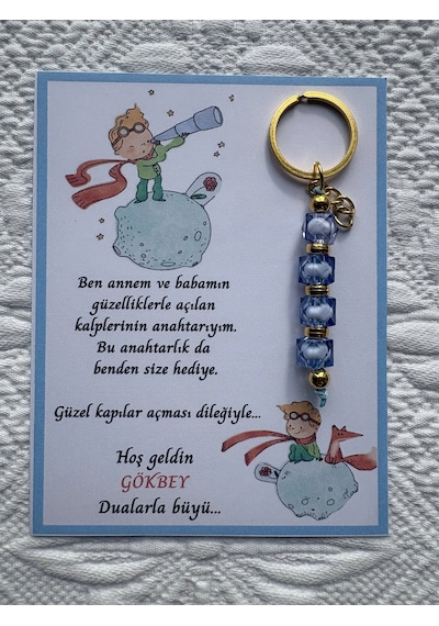 100 Adet Küçük Prens Temalı İsme Özel Tasarım Mavi Anahtarlık Hastane Yeni Doğan 40 Mevlidi Hediyelik