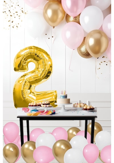 2 Yaş Retro Krom Gold Pembe Beyaz Balon Seti Gold Rakamlı Doğum Günü Balonu Şık Parti Süsleme Çok Renkli