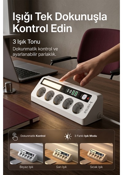 Akım Korumalı Dokunmatik Led Işıklı Priz 5'li + 2x Usb-a + 2x Usb-c 2 Metre Kablo 2 M