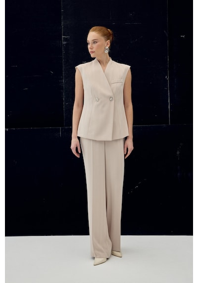 Sateen Anna Çizgili Pantolon - Bej-137091 Bej