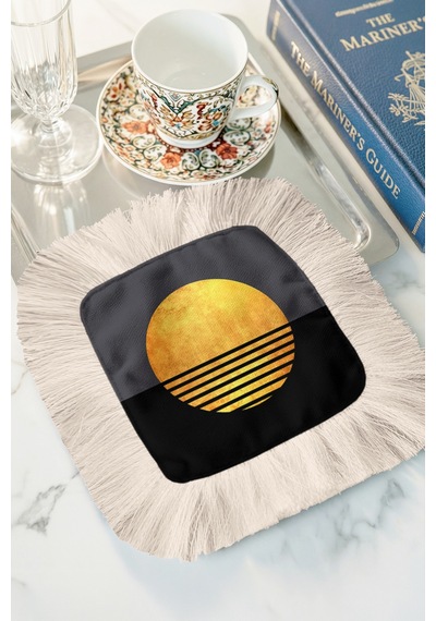 Lüks Güneş Siluetli Saçaklı Sunum Peçetesi - Minimalist Modern Gece Siyah Bardak Altlığı Mendil Soft Kumlu Nar