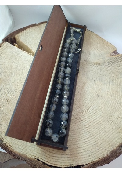 Gri Damarlı Akik Taşı Tespih Ahşap Kutulu / 10 MM Doğaltaş Tespih