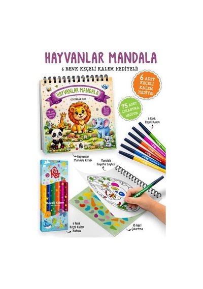 Hayvanlar Mandala - 6 Renk Keçeli Kalem Ve 75 Adet Çıkartma Hediyeli 3+