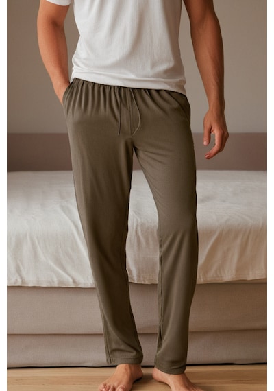 Elemge %100 Pamuk Süprem Erkek Pijama Altı Haki Cepli Rahat Kalıp Relax Fit Lastikli Ipli Terletmez Esnek