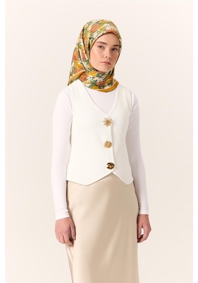 Silk Home Organik Pamuk İpek Eşarp Turuncu Sarı Yeşil Çiçek Desenli Tok Duruşlu 90x90 Çok Renkli