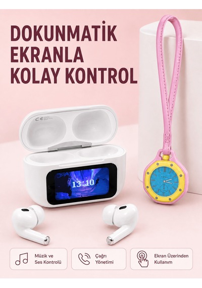 Dokunmatik Ekranlı Kablosuz Kulaklık Ve Pembe Çanta Aksesuar Saat