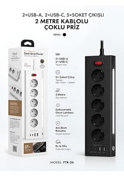 3680w 1050j Akım Korumalı 5li Priz 2 Usb 2 Type-c 3.4a Dokunmatik Led Anahtarlı 2m Kablo Çoklu Priz Siyah