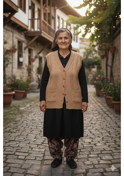 Urfakent Çeyizlik Yelek, Düğmeli Anne Yeleği, Simli Yelek, Hediyelik Yelek, Gelin Simli Cepli Yelek Kapuçino Çok Renkli