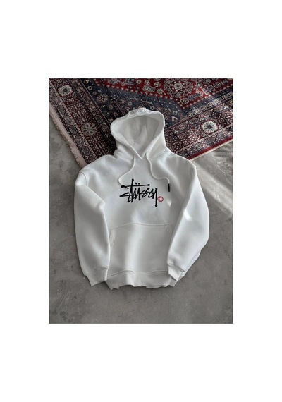 Erkek Üç İplik Kapşonlu Baskılı Sweatshirt - Beyaz