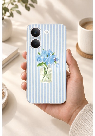 Poco X8 Pro Uyumlu Mavi Çizgili Sulu Boya Çiçek Baskılı Silikon Kılıf
