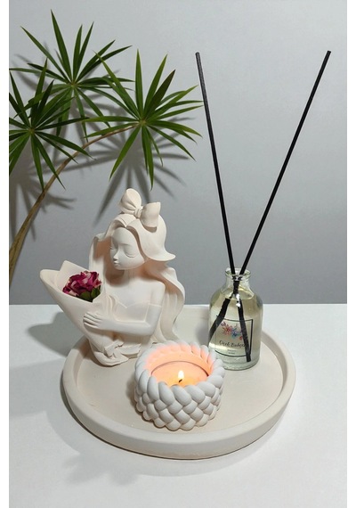 Dekoratif Vazo Seti - Buket Kız Vazo+çiçek Kokulu Oda Kokusu+tealight Mumluk Ve Mum+yuvarlak Tepsi Beyaz