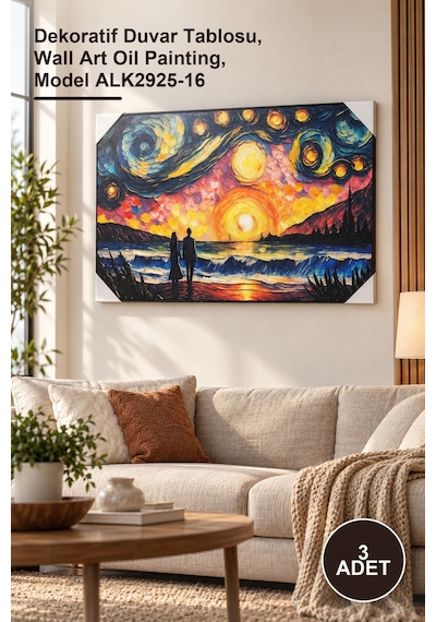3 Adet Yağlı Boya Pano Duvara Asmalı 90x60 Cm Dekoratif Duvar Tablosu, Wall Art Oil Painting, Model Alk2925-16