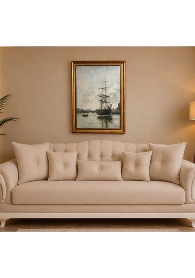 Yelkenli Gemi Tablosu Vintage Gold Çerçeveli 60x80 Cm