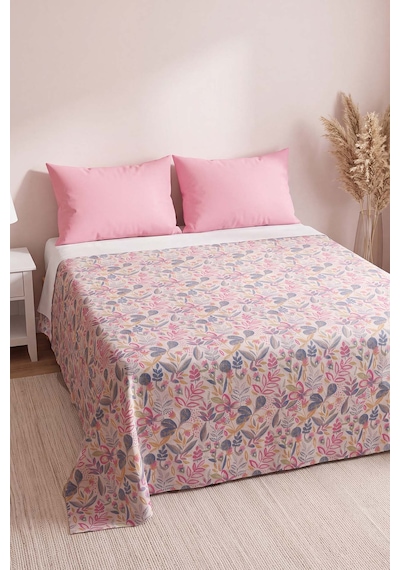 Pembe Kır Bahçesi Desenli Çift Kişilik Baskılı Pike & Yatak Örtüsü 200x230 Cm