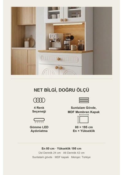 Barista Led Aydınlatmalı Kahve Köşesi Dolabı Retro Büfe 195cm Mdf Krem