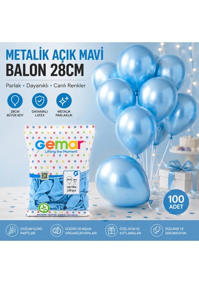 Metalik - Açık Mavi Balon 11 Inc - 28cm - 100pcs 5468 Çok Renkli