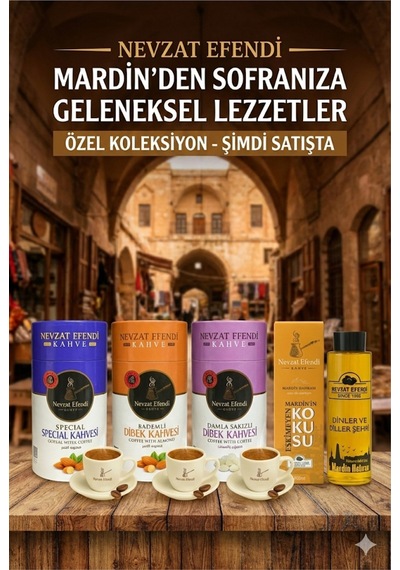 Nevzat Efendi 4 Lü Set: Spesiyal + Damla Sakızlı + Bademli Dibek Kahveleri & Mardin Kolonyası Diğer