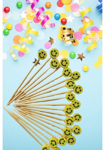 30 Adet Gülen Yüz Emoji Pasta Kürdanı 6 Cm - Pasta Süsü- Cupcake Çok Renkli